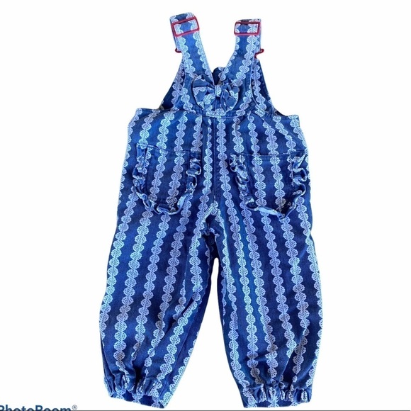 Vintage 80’s 90’s HAPPY KIDS Lace Print Ruffle Denim Overall Romper Toddler 2T - Picture 2 of 11